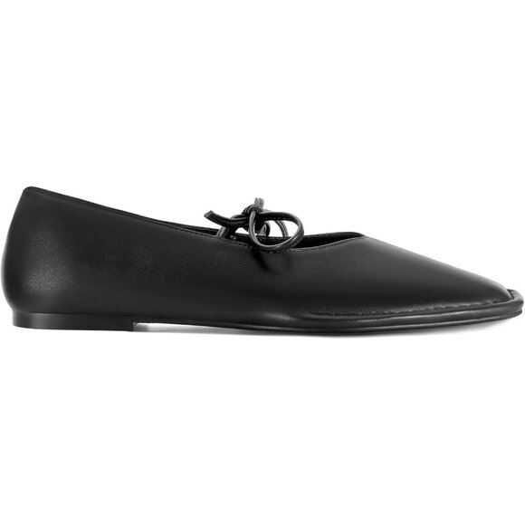 Women Black Faux Leather Square Toe Lace Up Ballerina Ballet Slip On Flats - Picture 2 of 6